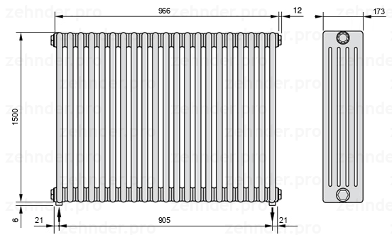 Схема (чертеж) Радиатор Zehnder Charleston 5150/21 №5310 Белый глянцевый RAL 9016